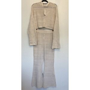 NWT Sincerely Jules Sweater Hoodie & Flare Pants Crochet Set Women's Large Beige